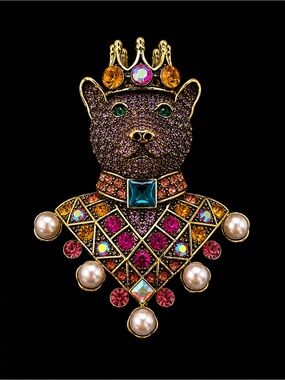 Regal Cat Crown Brooch — Gold-Tone Multicolor Crystal & Pearl Pin